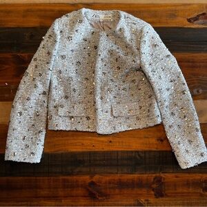 Zara silver embellished jacket blazer small nwt